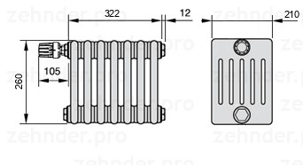 Схема (чертеж) Радиатор Zehnder Charleston 6026/7 №V012 Белый глянцевый RAL 9016